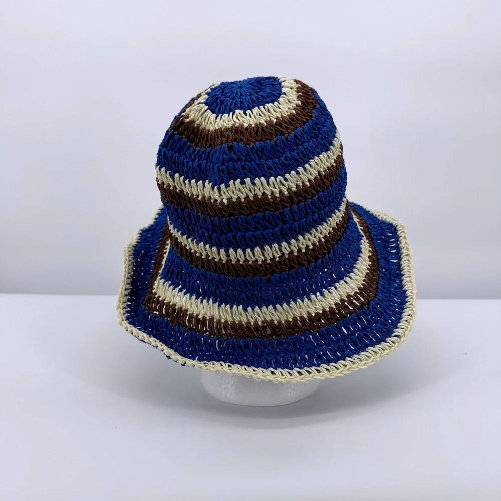 Timeless Basic Striped Straw Bucket Hat Womens OS Blue Brown Crochet Sun Hat